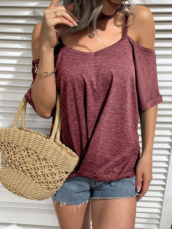 Women’s solid color strapless one-shoulder t-shirt for women - Red / S
