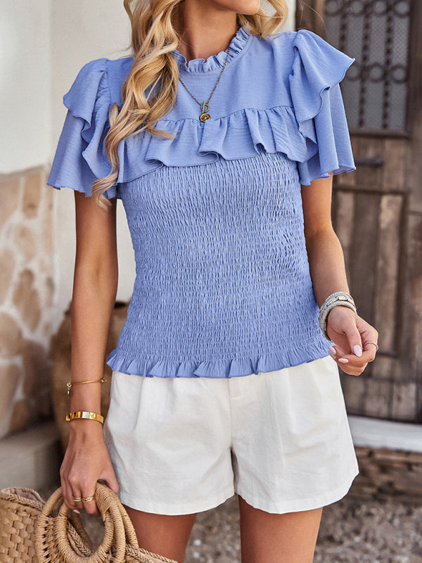 Women’s solid color temperament elegant ruffled short-sleeved shirt - Blue / S