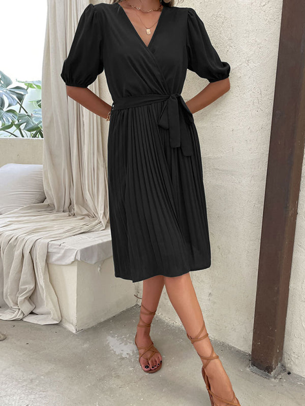 Women’s Solid Color Tie V Neck Pleated Dress