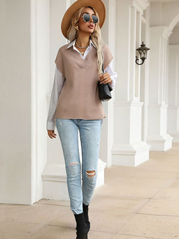 Women’s solid color v-neck knitted sweater vest