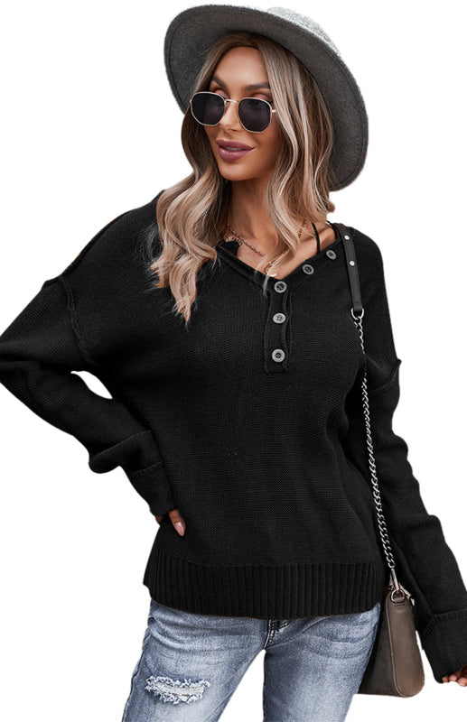 Women's Solid Color V Neck Single Breasted Sweater - Closther