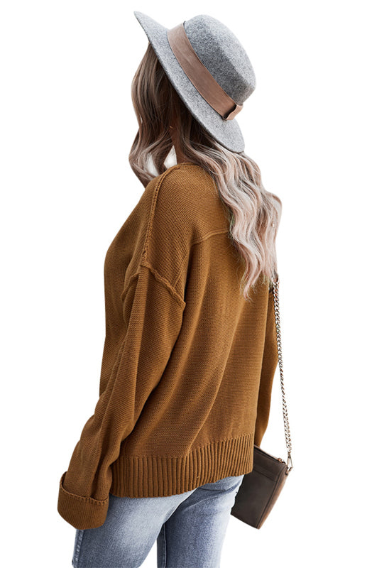 Women's Solid Color V Neck Single Breasted Sweater - Closther