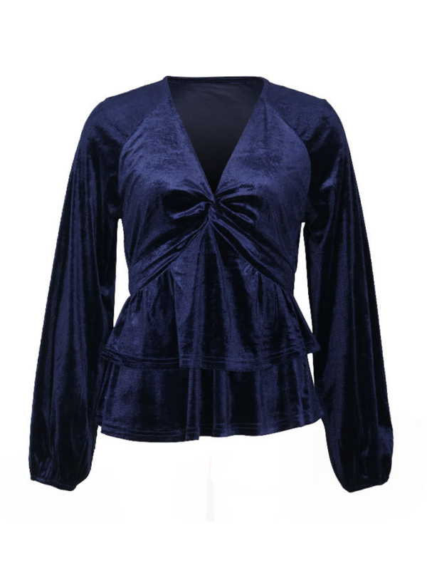 Women’s solid color v-neck velvet long-sleeved top