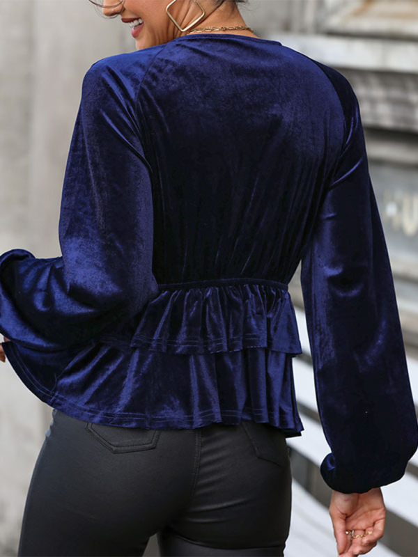 Women’s solid color v-neck velvet long-sleeved top