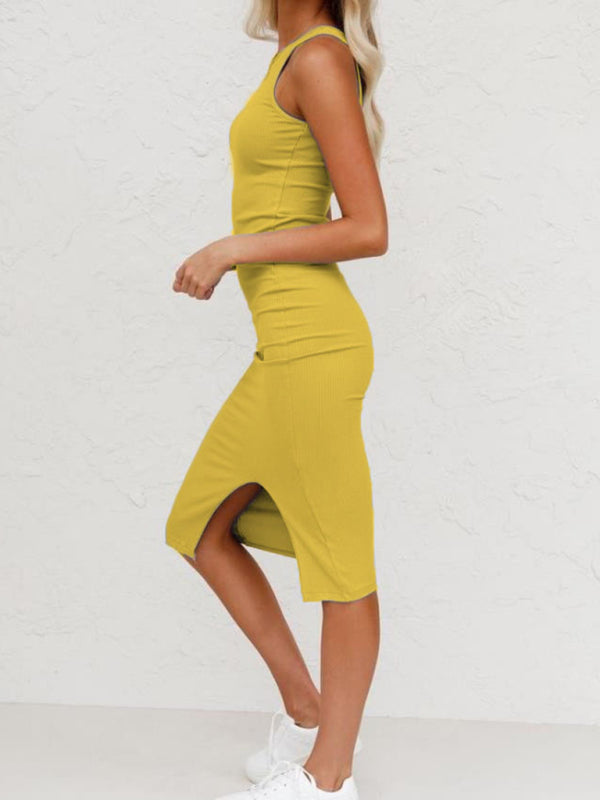 Women's Solid Color Vest Slim Long Knitted Slit Dress - Closther