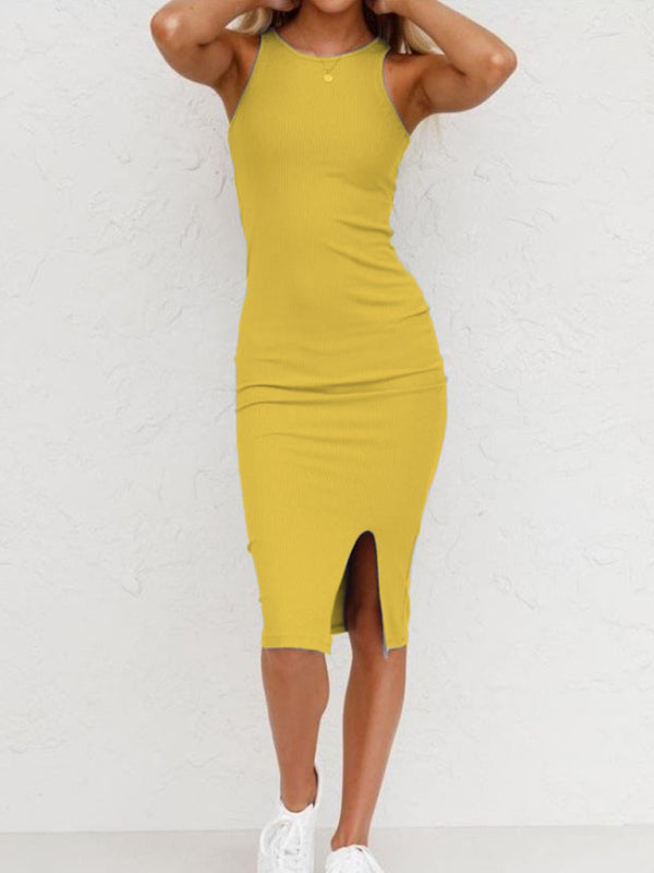 Women's Solid Color Vest Slim Long Knitted Slit Dress - Closther