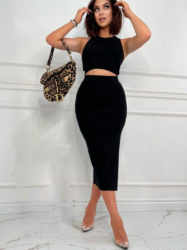 Women’s Solid Color Vest Top Slim Fit Slit Skirt Two Piece Set