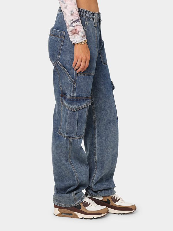 Women’s Solid Multi-Pocket Cargo Jeans