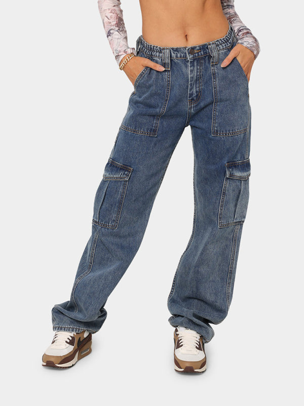 Women’s Solid Multi-Pocket Cargo Jeans - Blue / S