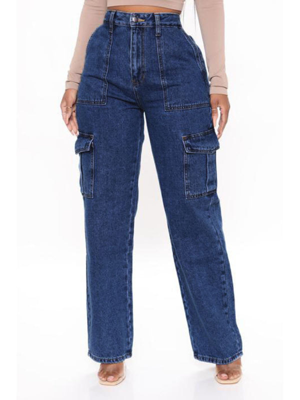 Women’s Solid Multi-Pocket Cargo Jeans - Purplish blue navy / S