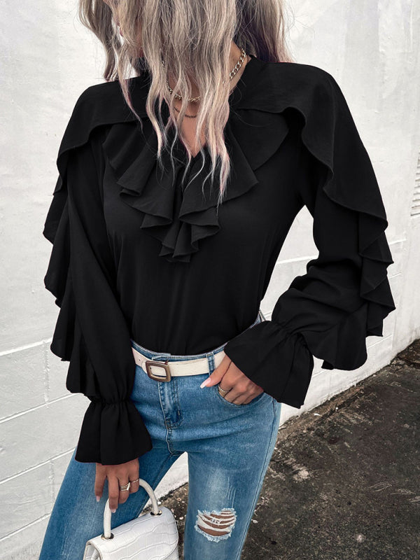 Women's Solid V-Neck Ruffle Panel Top - Closther