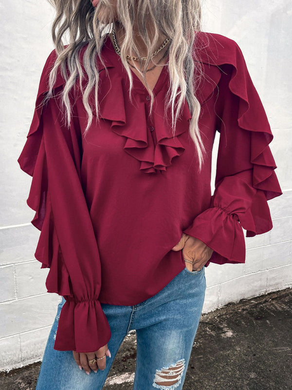 Women's Solid V-Neck Ruffle Panel Top - Closther
