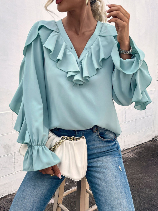 Women's Solid V-Neck Ruffle Panel Top - Closther