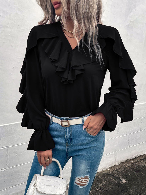 Women's Solid V-Neck Ruffle Panel Top - Closther