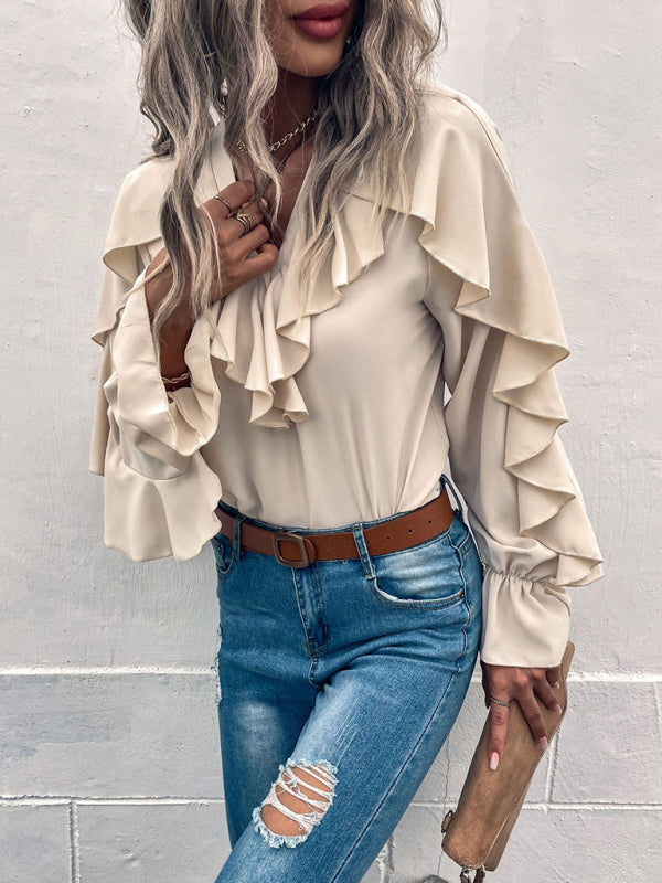 Women's Solid V-Neck Ruffle Panel Top - Closther