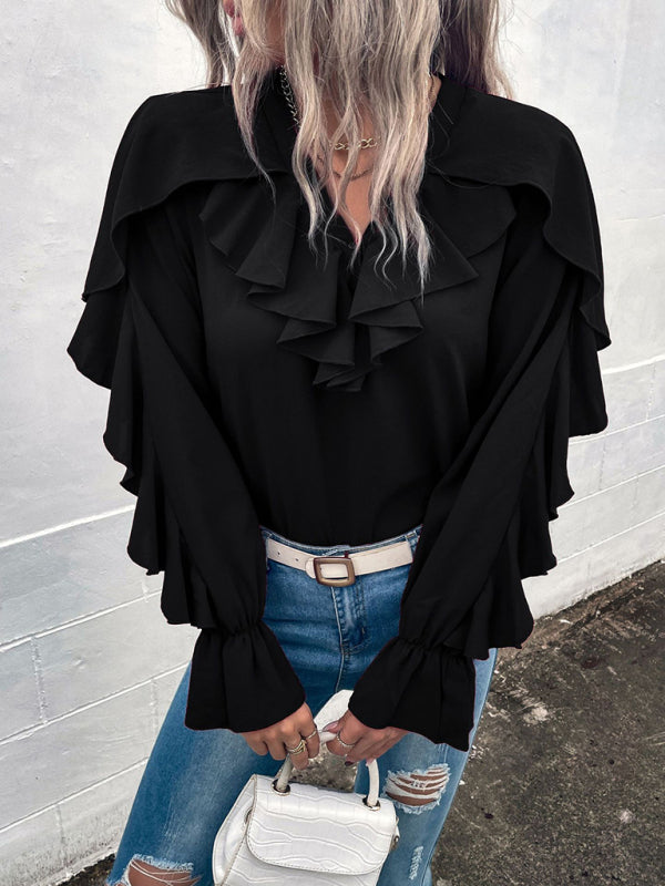 Women's Solid V-Neck Ruffle Panel Top - Closther