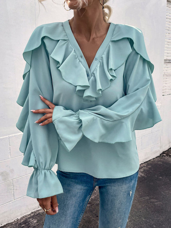 Women's Solid V-Neck Ruffle Panel Top - Closther
