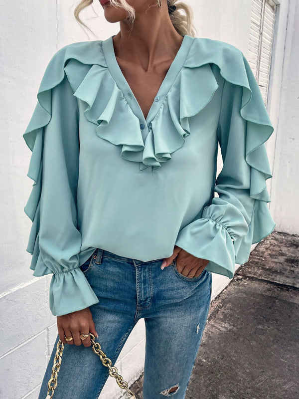 Women's Solid V-Neck Ruffle Panel Top - Closther