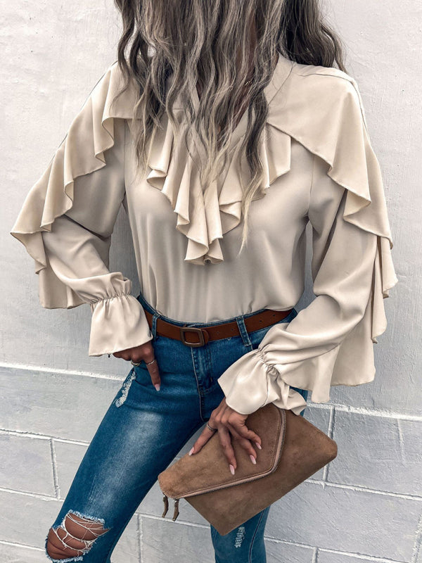 Women's Solid V-Neck Ruffle Panel Top - Closther