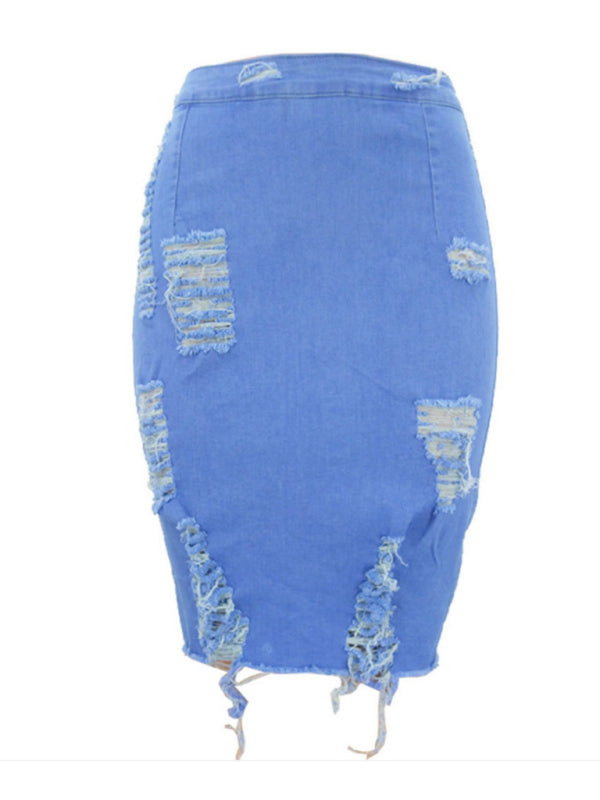 Women’s spring and summer European and American ripped denim skirt