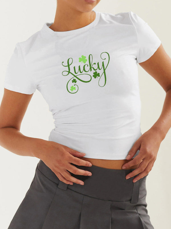 Women’s St. Patrick’s Day Green Leaf Print Round Neck Short T-Shirt (Multiple Pictures Available) - Green black jasper
