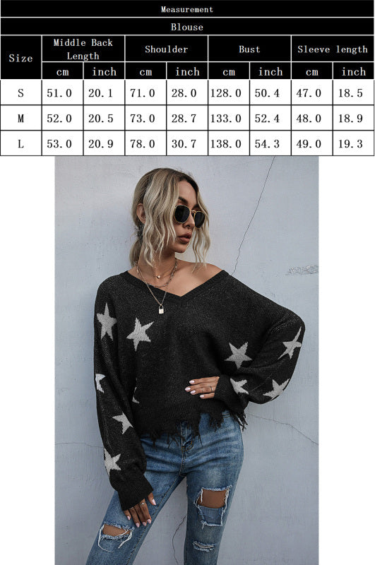 Women’s Star Pattern V-Neck Fringe Women’s Knit Sweater