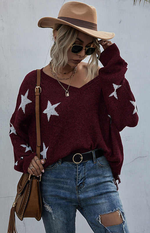 Women’s Star Pattern V-Neck Fringe Women’s Knit Sweater