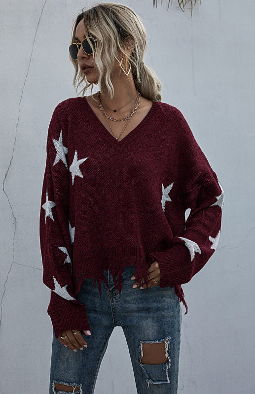 Women’s Star Pattern V-Neck Fringe Women’s Knit Sweater