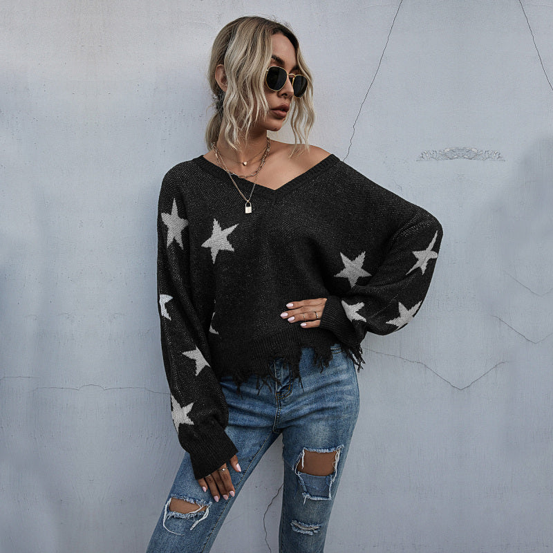 Women’s Star Pattern V-Neck Fringe Women’s Knit Sweater - Charcoal grey / S