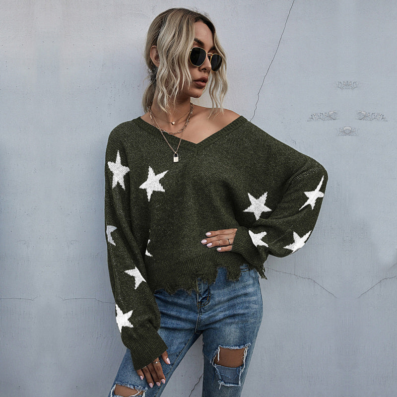 Women’s Star Pattern V-Neck Fringe Women’s Knit Sweater - Green / S