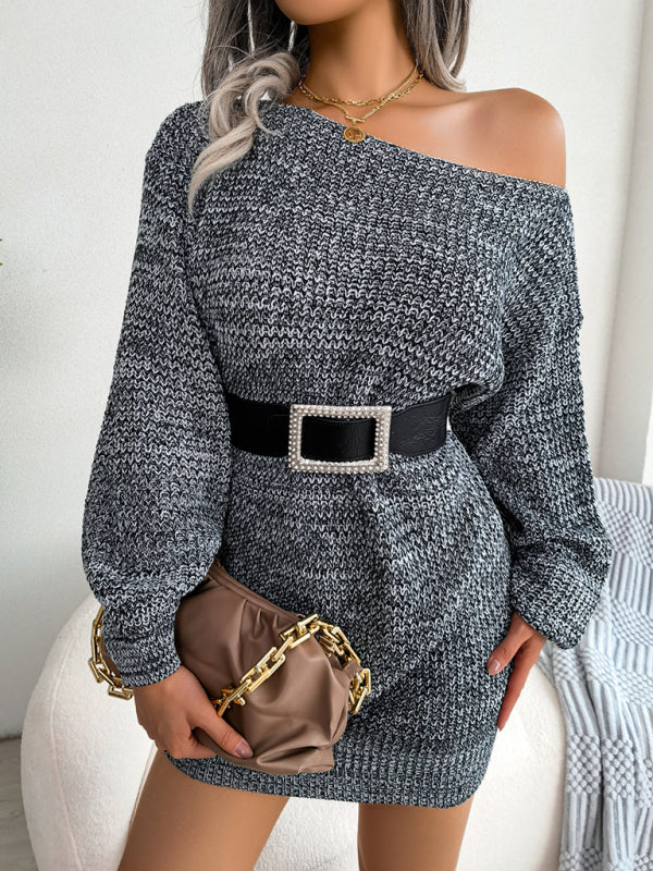 Women’s straight neck off shoulder colorful lantern sleeve knitted wool dress - Black / S