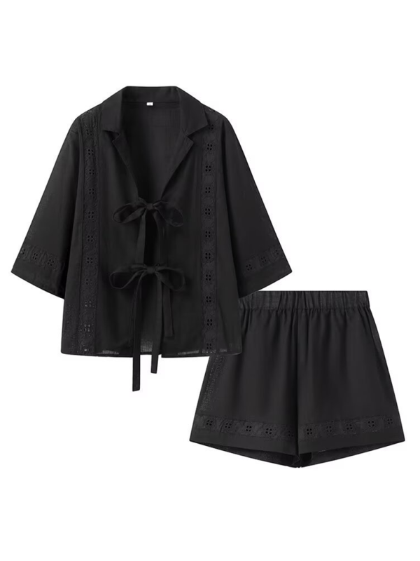 Women’s strappy hollow short-sleeved top + shorts set - Black / S