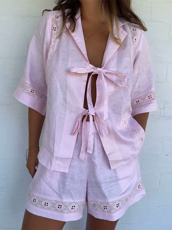 Women’s strappy hollow short-sleeved top + shorts set - Pink / S