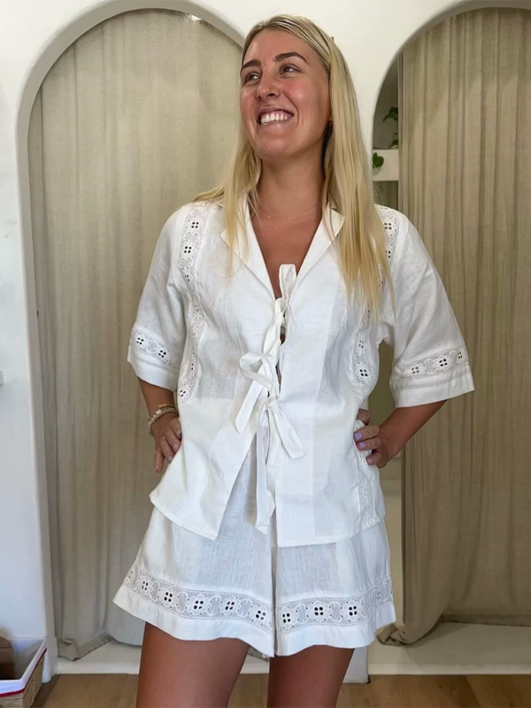 Women’s strappy hollow short-sleeved top + shorts set - White / S
