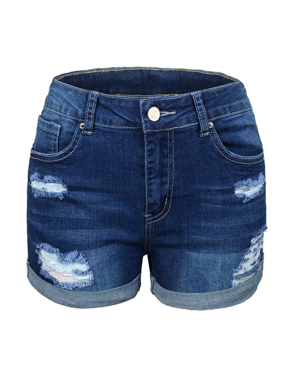 Women’s Stretch Mid Rise Denim Shorts with Holes