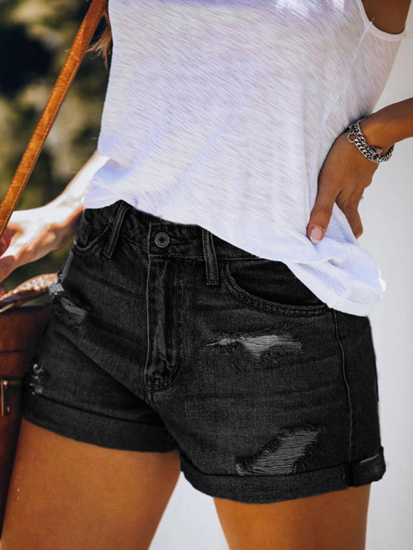 Women’s Stretch Mid Rise Denim Shorts with Holes - Black / S