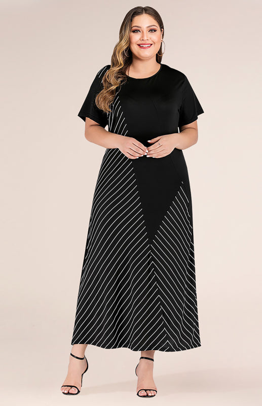 Women’s Striped Colorblock Short Sleeve Dress - Black / XL