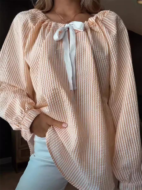Women’s striped lace-up top - Orange / S