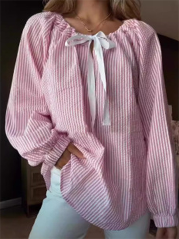 Women’s striped lace-up top - Pink / S
