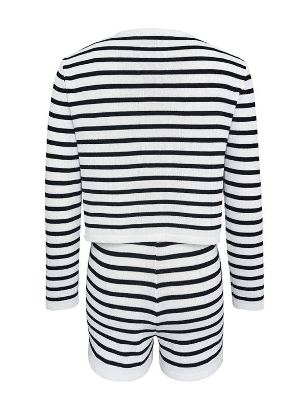 Women’s striped simple cardigan shorts two-piece suit