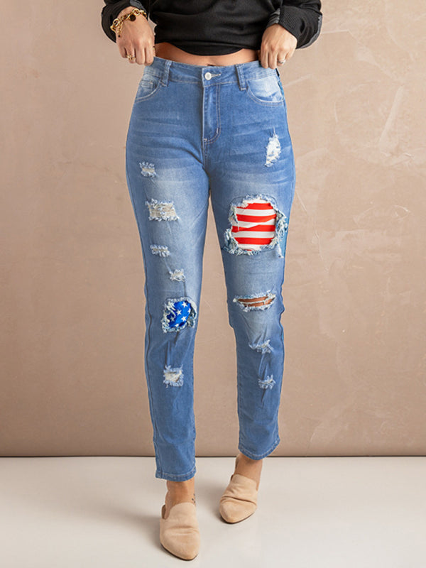Women’s Striped Stars Print Casual Denim Trousers - Blue / S