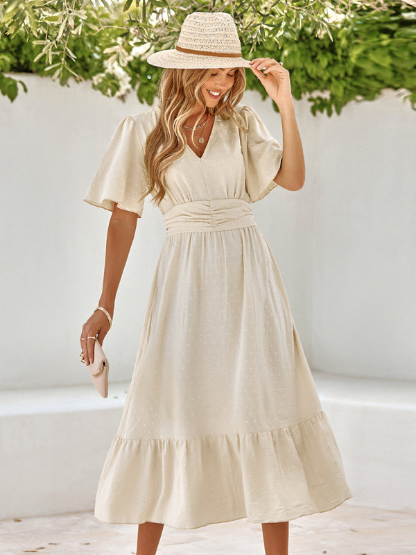 Women’s summer new V-neck lotus leaf sleeve solid color dress