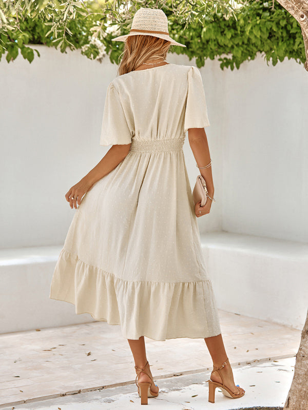 Women’s summer new V-neck lotus leaf sleeve solid color dress