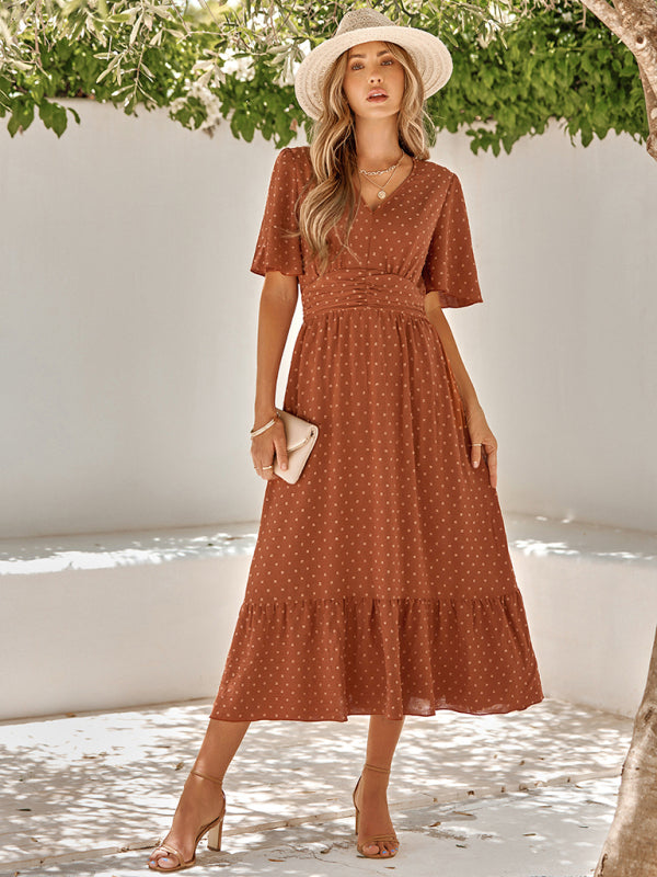 Women’s summer new V-neck lotus leaf sleeve solid color dress