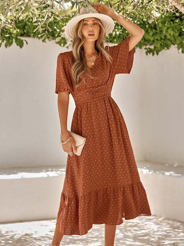 Women’s summer new V-neck lotus leaf sleeve solid color dress