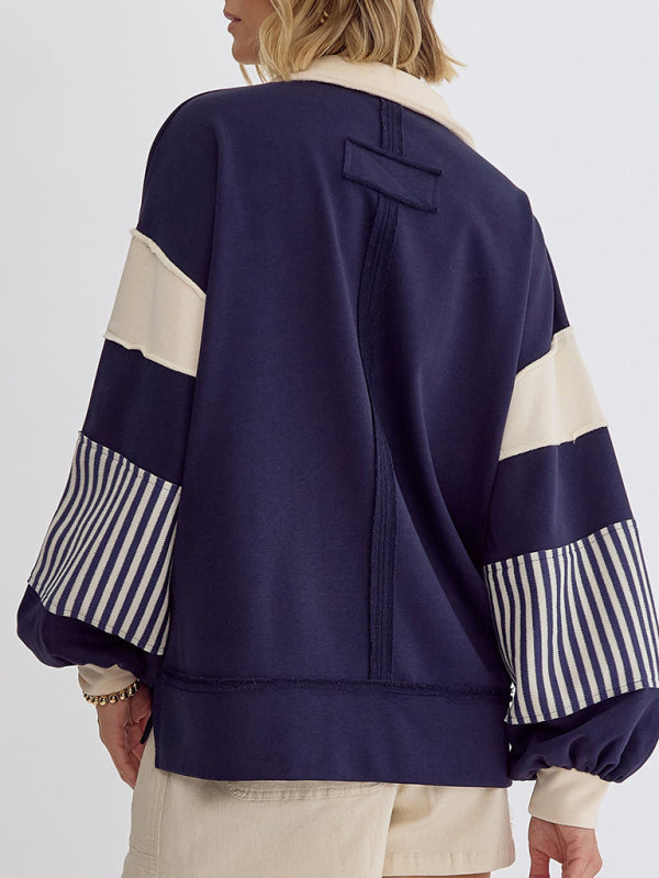 Women’s Sweatshirt OversizedPolo Neck Striped Colorblocking Top