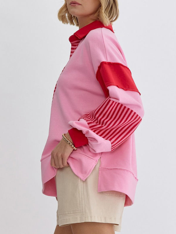 Women’s Sweatshirt OversizedPolo Neck Striped Colorblocking Top