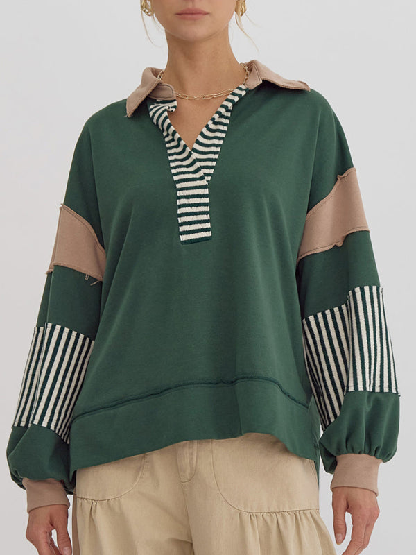 Women’s Sweatshirt OversizedPolo Neck Striped Colorblocking Top
