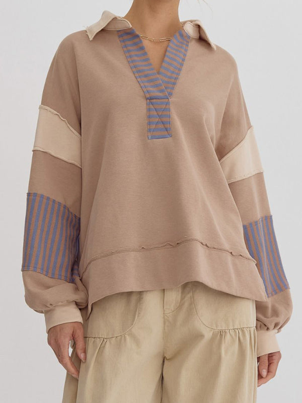 Women’s Sweatshirt OversizedPolo Neck Striped Colorblocking Top - Cracker khaki / S
