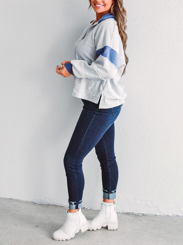 Women’s Sweatshirt OversizedPolo Neck Striped Colorblocking Top